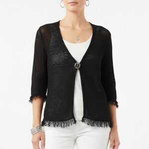 Chico’s Black Crochet Open Linen Blend Long Sleeve Woven Cardigan Sweater 1 M